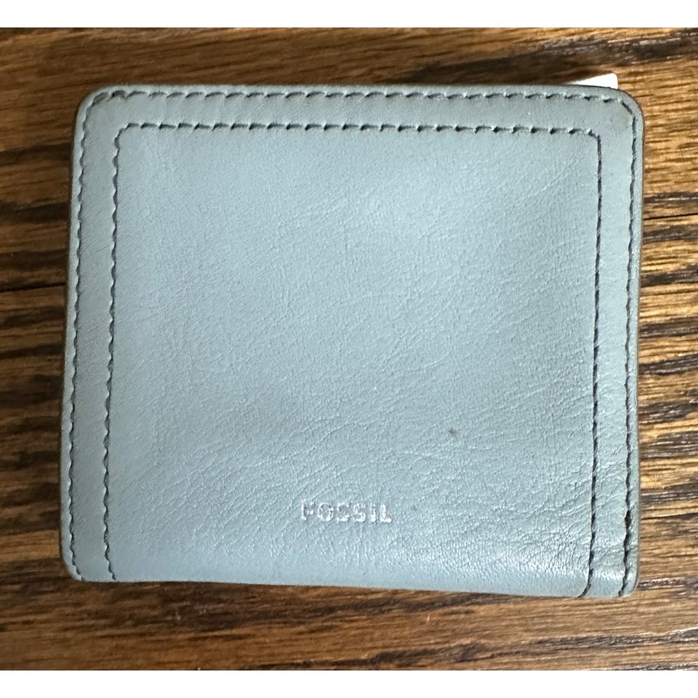 Fossil Bifold Wallet Women Blue Gray Leather Compact Slim Mini Card Case Zipper